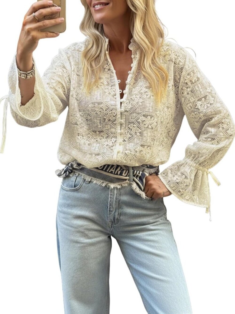 Chic Women's Casual Lace Blouse with Bell Sleeves & Eyelet Detail - Button Down